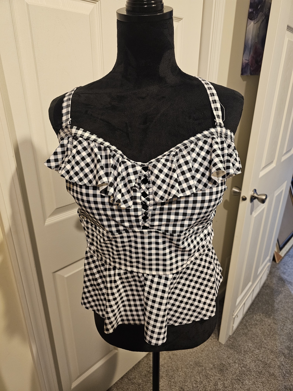 Black & White Gingham Ruffle Peplum Bikini Top